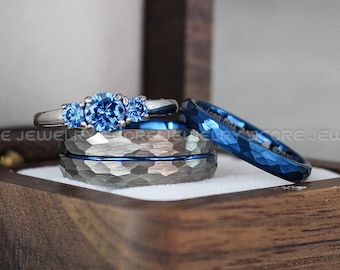 Couple Rings, Blue Wedding Bands, Silver Wedding Bands with Matte Hammered Finish, Couple Wedding Rings, Blue Wedding Bands, Couple Jewelry