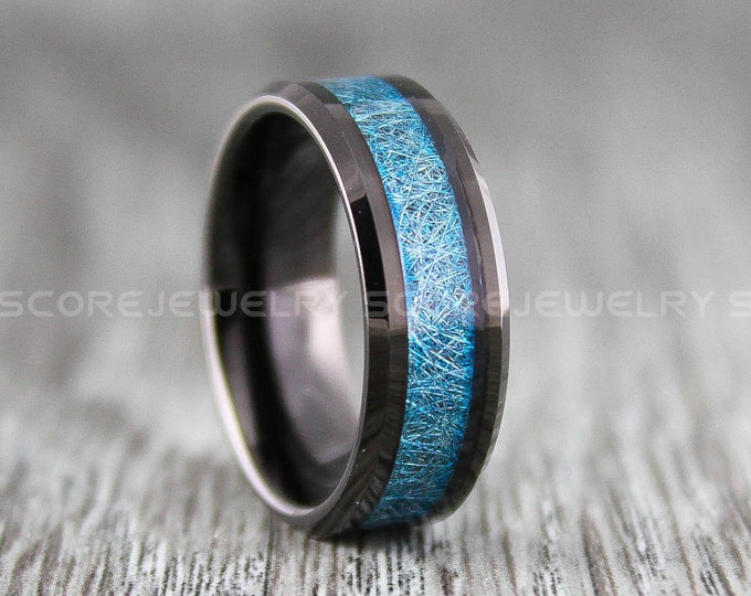Meteorite Ring, 8mm Black Tungsten Ring with Blue Imitation Meteorite Texture Inlay, Black Tungsten Meteorite Ring, Blue Meteorite Ring