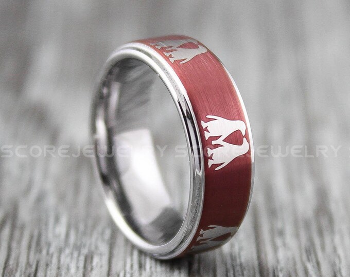 Penguin Ring, Penguin Jewelry, 8mm Deep Velvet Red Tungsten Band Step Edge, Red Tungsten Wedding Ring, Red Penguin Wedding Ring, Red Ring