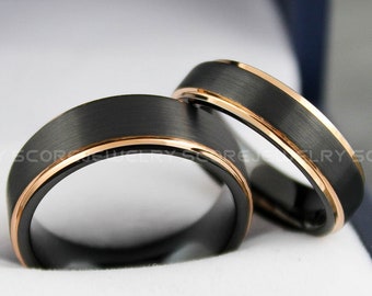 Anillos de boda negros, juego de 2 piezas para parejas, bandas de tungsteno negro de 8 mm y 6 mm con borde escalonado de oro rosa de 14 quilates, anillos de pareja, anillos de boda de tungsteno