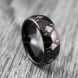 Ace of Spades Ring, Poker Ring, 8mm Black Tungsten Band with Domed Edge Ace of Spades Card Suit Pattern, 8mm Black Tungsten Ring, Poker Band