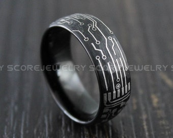 Circuit Board Ring, Hammered Ring, Black Tungsten Band with Domed Edge Circuit Board Pattern Ring 8mm Black Tungsten Wedding Ring
