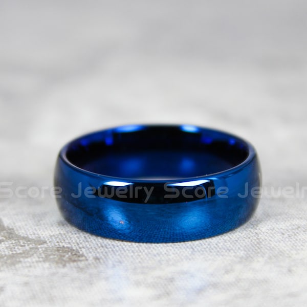 Fede nuziale blu, fede nuziale blu, fascia classica in tungsteno blu da 8 mm con bordo bombato, fede nuziale in tungsteno blu da 8 mm, fede nuziale blu