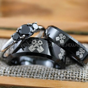 Mechanic Rings, Pistons Rings, Mechanic Rings, Engine Rings, 3 Piece Couple Set Black Tungsten Band, Engine Pistons Ring Black Tungsten Ring