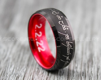 FREE SHIPPING FREE Custom Engraving 8mm Tungsten Band with Domed Edge Customized in Elvish Font Laser Engraved 8mm Silver Tungsten Ring