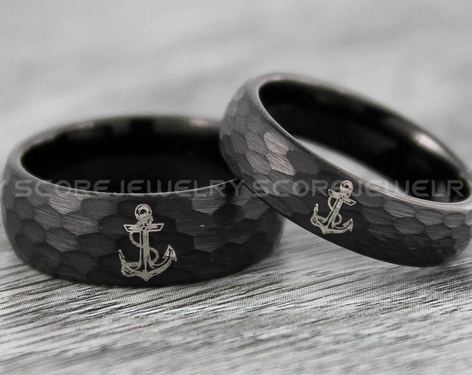 Anchor Rings, Nautical Ring, 2 Piece Couple Set Black Tungsten Bands with Hammered Finish Anchor Wedding Rings, Black Nautical Wedding Rings