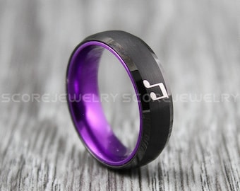 Music Ring, Music Sheet Ring, Music Note Ring, 6mm Black Tungsten Band with Domed Edge, Music Note Wedding Ring, Music Jewelry
