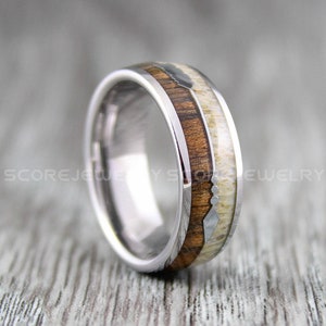 Antler Ring, Deer Antler Ring, 8mm Silver Tungsten Band Genuine Koa Wood Antler Inlay 8mm Koa Wood Tungsten Wedding Ring, Antler Ring