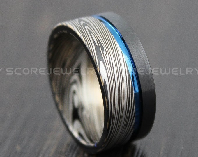 Damascus Steel Ring, 10mm Black Tungsten Band Flat Edge and Blue Groove Damascus Steel Pattern Laser Engraved Black Tungsten Wedding Ring