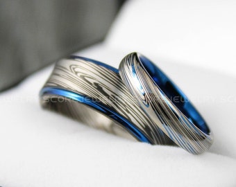 Damascus Steel Tungsten Ring, Damascus Steel Wedding Ring, Damascus Steel Wedding Band, Couple Ring Set, Damascus Steel, Blue Wedding Rings