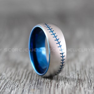 Baseball Ring, 8mm Blue Baseball Wedding Ring, Baseball Stitch Ring, Blue Tungsten Band with Domed Edge Baseball Stitch Pattern Ring