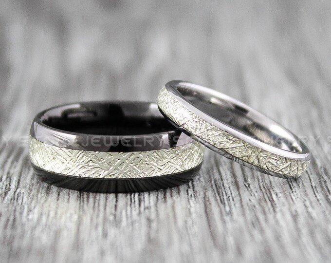 Meteorite Rings, 2 Piece Couple Set Black Tungsten Wedding Band Black Tungsten Band with Imitation Meteorite Texture Inlay Ring
