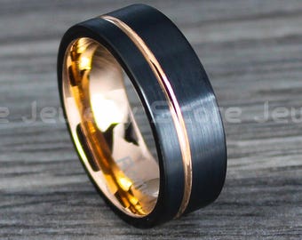 Black Wedding Band, 8mm Black Tungsten Wedding Band with Flat Edge and 14K Rose Gold Center Groove, 8mm Black Tungsten Wedding Ring