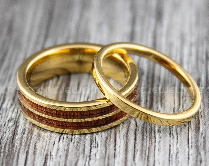 Wood Ring, Wood Wedding Ring, 2 Piece Couple Set 14K Yellow Gold Tungsten Band with Genuine Redwood Inlay, Yellow Gold Tungsten Wedding Ring