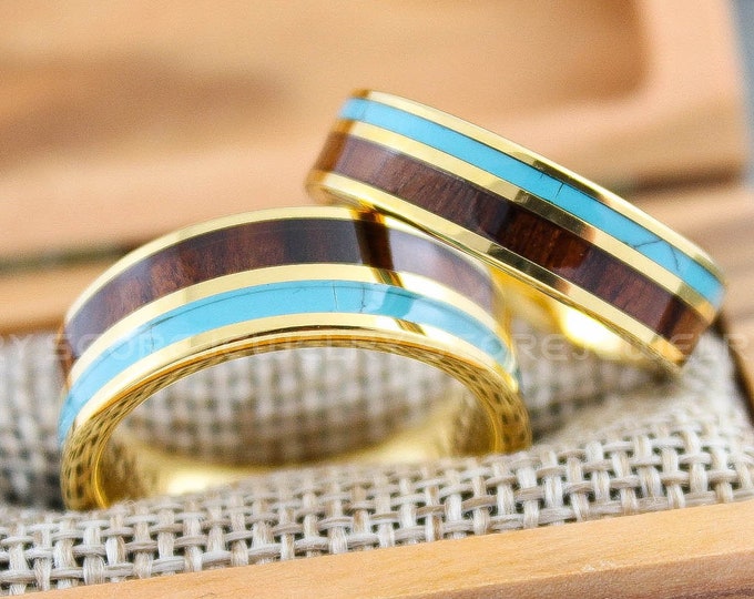 Turquoise Rings, Turquoise Wedding Bands, Yellow Gold Tungsten Bands with Wood and Turquoise Inlay, Turquoise Wedding Rings, Turquoise Bands