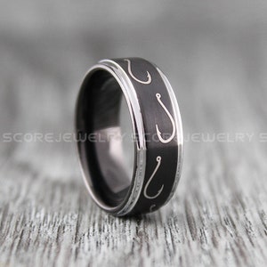 Vishakenring, 8 mm zwarte wolfraamband jachtring, visring, vishakenring, 8 mm wolfraam trouwring