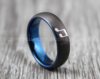 Music Ring, Music Sheet Ring, Music Note Ring, 6mm Black Tungsten Band with Domed Edge, Music Note Wedding Ring, Music Jewelry