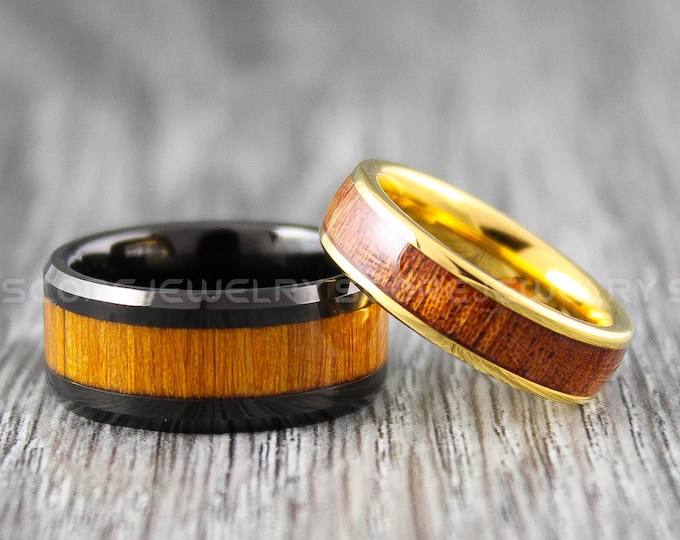 Wood Rings, Wood Wedding Rings, 2 Piece Couple Set Black Tungsten Bands with Beveled Edge and Redwood Inlay, Black Tungsten Wedding Rings