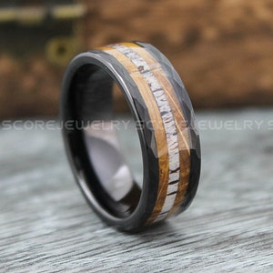 Deer Antler Ring, Whiskey Barrel Wood Ring, Black Tungsten Band Hammered Finish and Genuine Antler Inlay Deer Antler Tungsten Wedding Ring