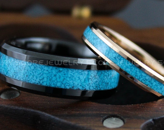 Turquoise Rings, Turquoise Wedding Bands, Black Tungsten Bands with Beveled Edge and Turquoise Inlay, Turquoise Tungsten Wedding Rings