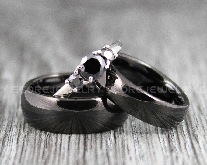 Couple Wedding Rings Set, 3 Piece Couple Set 8mm & 6mm Black Tungsten Bands and 3mm .925 Sterling Silver Three Stone Engagement Ring