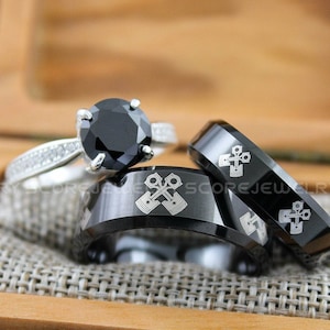 Mechanic Rings, Pistons Rings, Mechanic Rings, Engine Rings, 3 Piece Couple Set Black Tungsten Band, Engine Pistons Ring Black Tungsten Ring