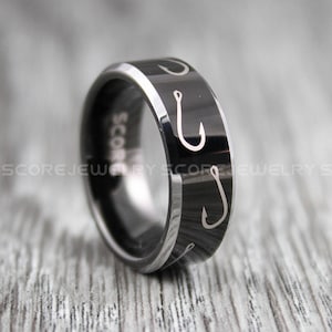 Vishakenring, 8 mm zwarte wolfraamband jachtring, visring, vishakenring, 8 mm wolfraam trouwring