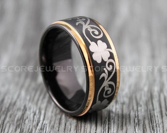 Irish Ring, Clover Ring, Shamrock Ring, Irish Jewelry, Black Tungsten Band with Step Edge Celtic Ring, St. Patrick's Day Gift, Ireland Ring