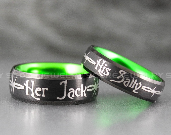 Jack and Sally Rings, 2 Piece Couple Set Tungsten Bands Green Interior Simply Meant To Be... 8mm & 6mm Tungsten Wedding Bands