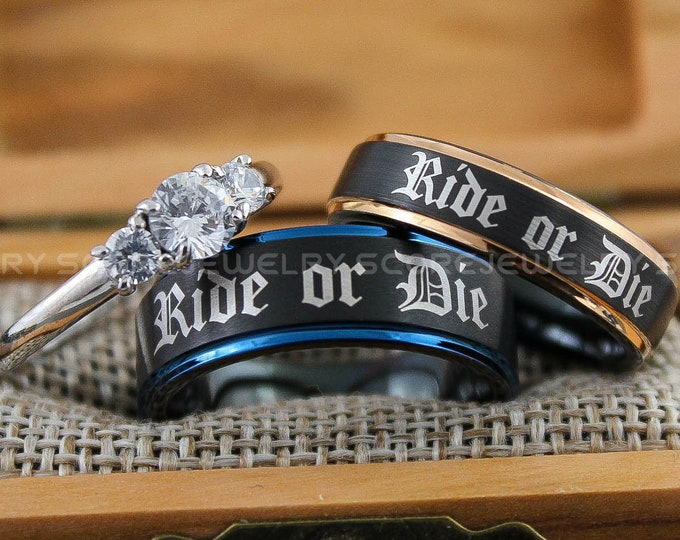 Ride or Die Rings, Ride or Die Wedding Rings, 3 Piece Couple Set Black Tungsten Bands Step Edge Ride Or Die Design, Silver Wedding Rings