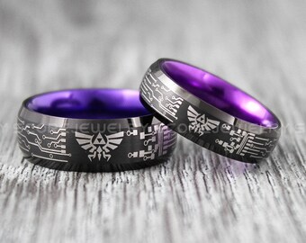 Zelda Ring 8mm Red Tungsten Gamer Ring Gamer Ring 8mm Deep Velvet Red Tungsten Band with Beveled Edge Zelda Triforce Inspired Pattern
