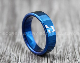 Music Ring, Music Sheet Ring, Music Note Ring, 6mm Blue Tungsten Band with Flat Edge, Music Note Wedding Ring, Music Notes Wedding Band