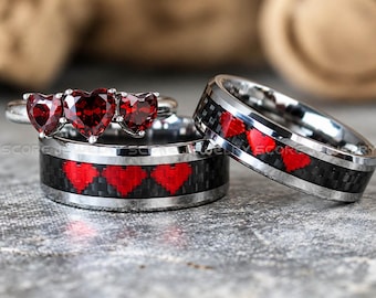 8 Bit Heart Rings, Silver Tungsten Wedding Bands, Silver Wedding Bands, Matching Wedding Rings, Silver Wedding Rings, Red Wedding Bands