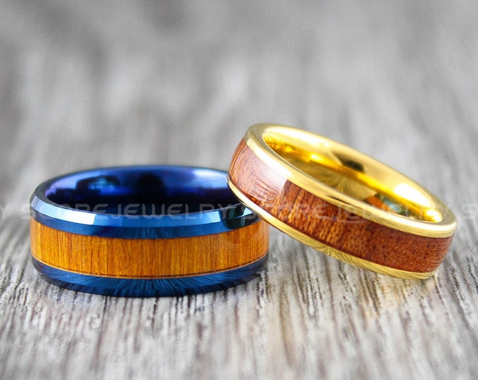 Wood Rings, Wood Wedding Rings, 2 Piece Couple Set Blue Tungsten Bands with Beveled Edge and Redwood Inlay, Blue Tungsten Wedding Rings