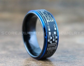 FREE SHIPPING FREE Custom Engraving Black Tungsten Band with Blue Step Edge Circuit Board Pattern Ring 8mm Black Tungsten Wedding Ring