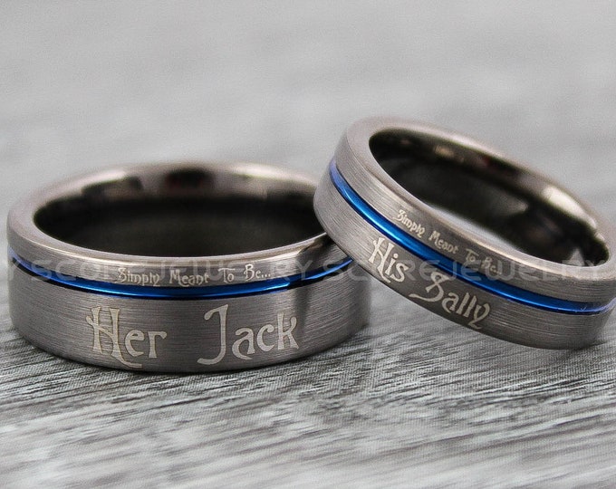 Jack and Sally Rings, 2 Piece Couple Set Tungsten Bands with Blue Groove ,Her Jack His Sally 10mm & 6mm Gunmetal Tungsten Wedding Bands