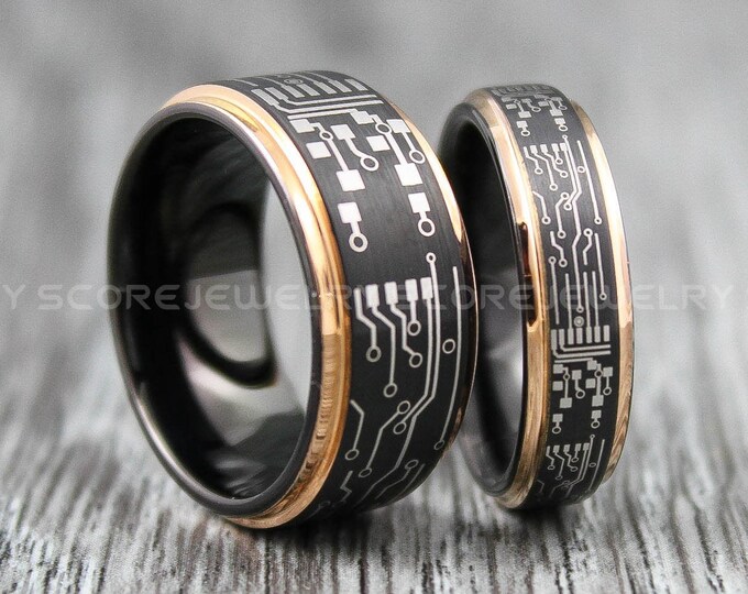 Circuit Board Rings, Gamer Rings, Couple Set Black Tungsten Wedding Bands Rose Gold Step Edge, Circuit Board Black Tungsten Wedding Rings
