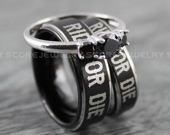Ride or Die-ringar, Ride or Die-vigselringar, 3-delat parset med svarta volframringar, 3 mm förlovningsring i 925 sterlingsilver med tre stenar