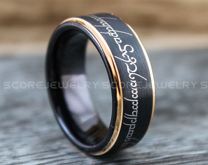 Elvish Ring, Elvish Jewelry, 8mm Black Tungsten Band with Step Edge Customized in Elvish Font Laser Engraved 6mm Black Tungsten Ring