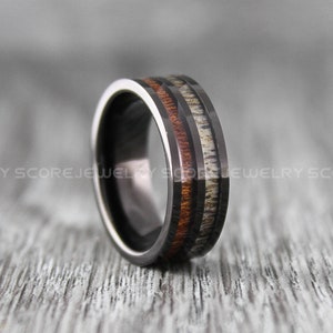 Antler Ring, Deer Antler Ring, 8mm Black Tungsten Band with Genuine Koa Wood and Antler Inlay 8mm Koa Wood Tungsten Wedding Ring Antler Ring
