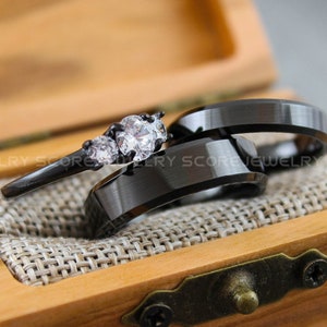 Couple Wedding Rings Set, 3 Piece Couple Set 6mm & 4mm Black Tungsten Bands and 3mm .925 Sterling Silver Three Stone Engagement Ring