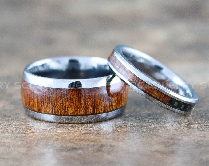 Wood Rings, Wood Wedding Rings, 2 Piece Couple Set Silver Tungsten Bands Beveled Edge and Redwood Inlay, Silver Tungsten Wood Wedding Rings