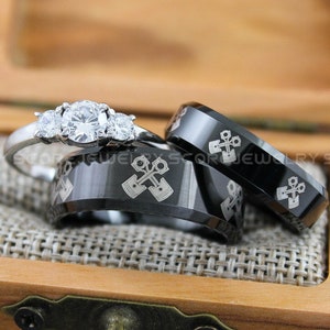 Mechanic Rings, Pistons Rings, Mechanic Rings, Engine Rings, 3 Piece Couple Set Black Tungsten Band, Engine Pistons Ring Black Tungsten Ring