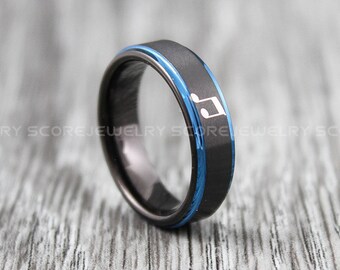 Music Ring, Music Sheet Ring, Music Note Ring, 6mm Black Tungsten Band with Step Edge, Music Note Wedding Ring, Music Jewelry