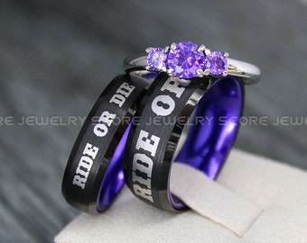 Ride or Die-ringar, Ride or Die-vigselringar, 3-delat parset med svarta volframringar, 3 mm förlovningsring i 925 sterlingsilver med tre stenar