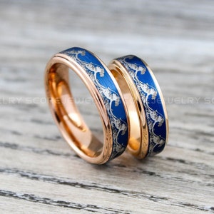 Wave Rings, Ocean Wave Rings, Beach Jewelry, 2 Piece Couple Set Rose Gold Tungsten Wedding Bands, Blue Tungsten Wedding Rings, Couple Rings