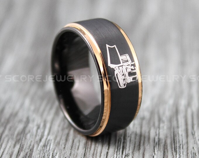 Bulldozer Ring, Dozer Ring, Excavator Ring, Backhoe Ring, 10mm Black Tungsten Band with Step Edge, Black Tungsten Ring, Black Wedding Ring