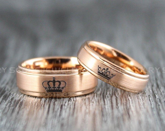 King and Queen Crown Rings, King and Queen Rings, 2 Piece Couple Set 14K Rose Gold Tungsten Bands with Step Edge, 8mm & 6mm Wedding Rings