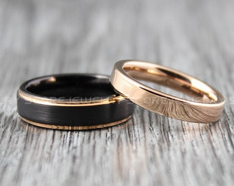 Anillos de boda de tungsteno clásicos, alianza de boda de tungsteno de oro rosa, anillo negro con borde escalonado, juego de 2 piezas para parejas, anillos de boda de oro rosa