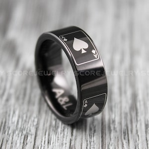 Ace of Spades Ring, Poker Ring, Poker Jewelry, 8mm Black Tungsten Band with Flat Edge Ace of Spades Card Suit Pattern. Black Wedding Ring